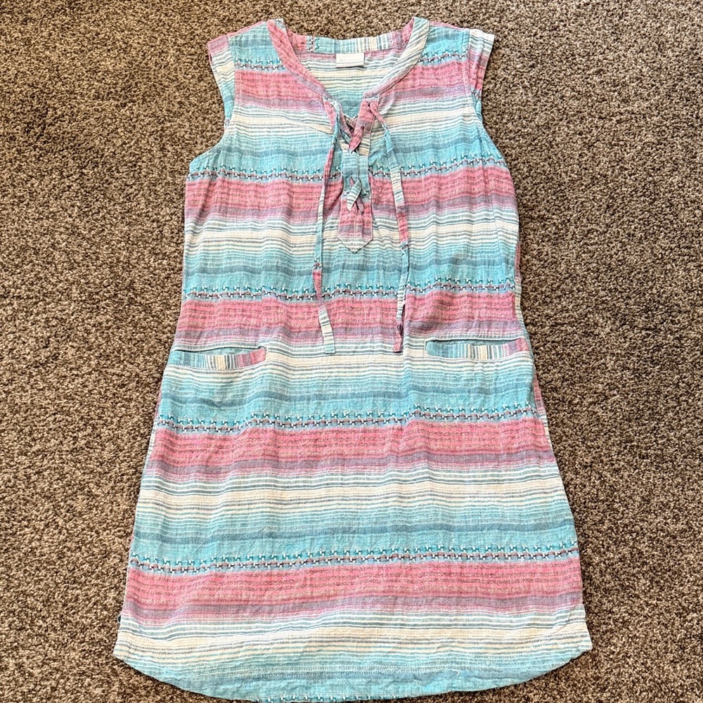Columbia Striped Sleeveless Tie-Neck Dress in Pink and Aqua